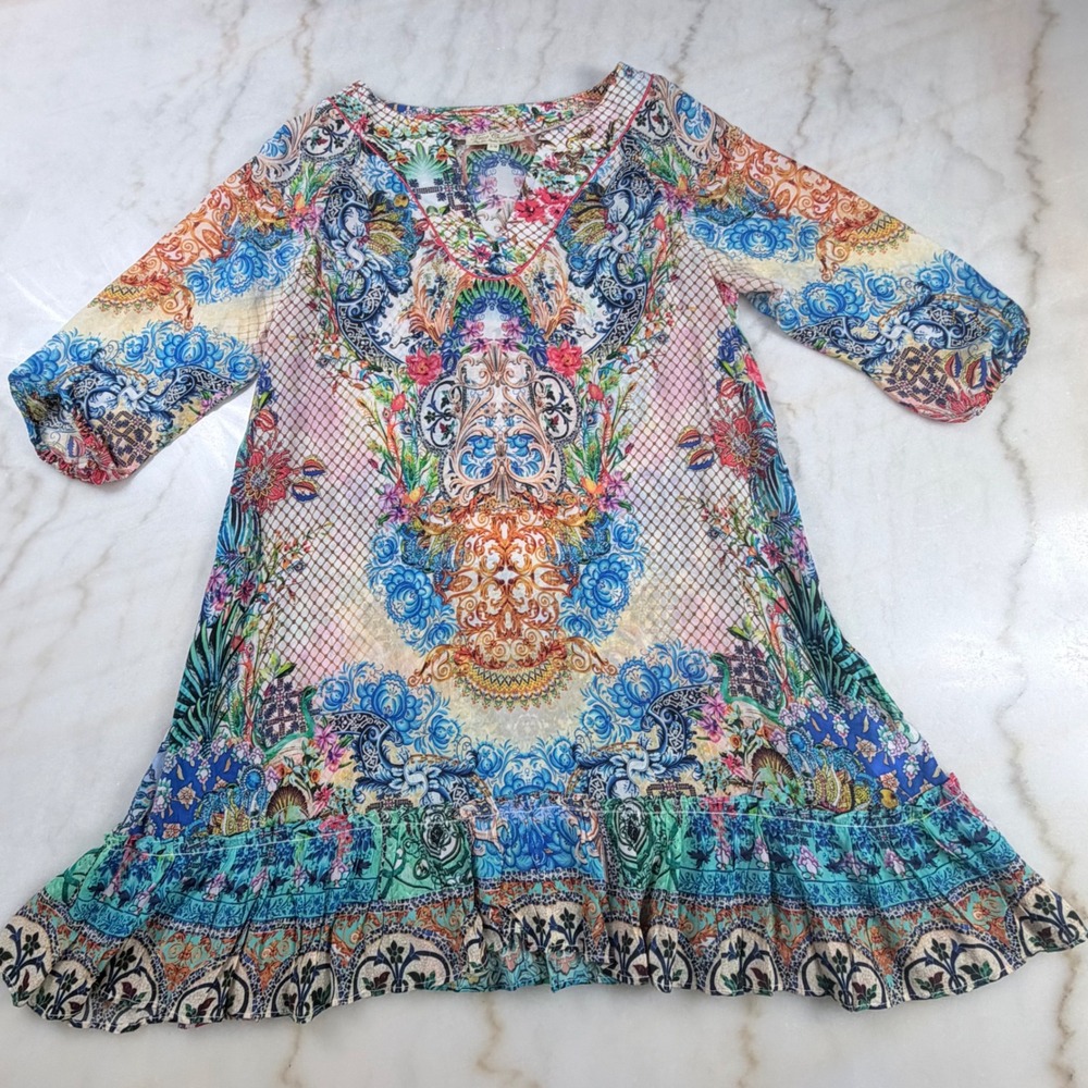 Boho Vaca Beach Costal Floral Viscose Slik Tunic Dress  Multi-Color  Ruffle  S/M